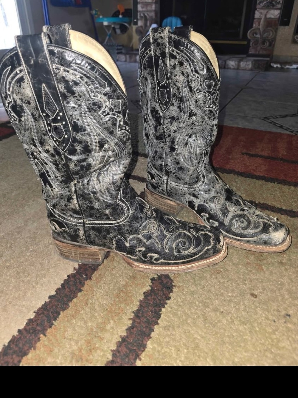 Women's Black Embroidered Combat Cowboy Boots